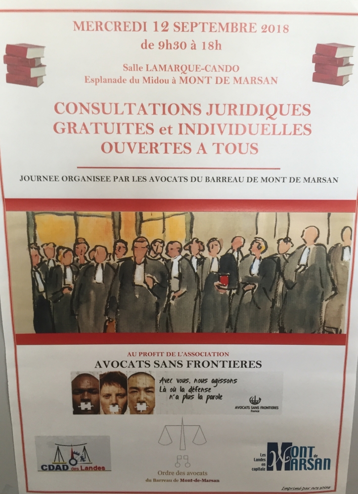 Intervention de Maitre Thomas GACHIE à la journée de consultations gratuites organisée par le Barreau de Mont de Marsan aux cotés d’avocats sans frontiéres le 12 septembre 2018